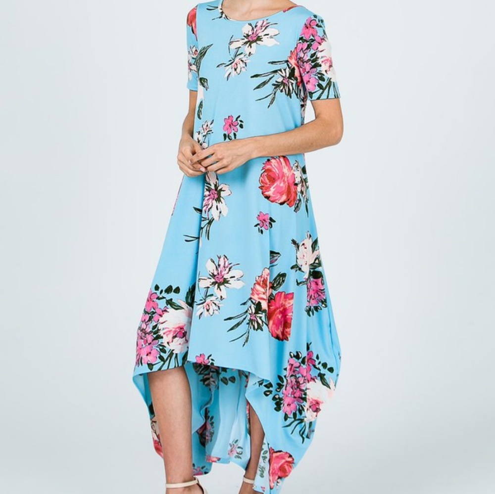 Blue Floral Assymetrical Swing Dress - Picture 4 of 5